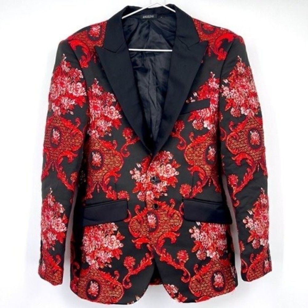 Angelino Mens blazer size 36 black floral red embroidery